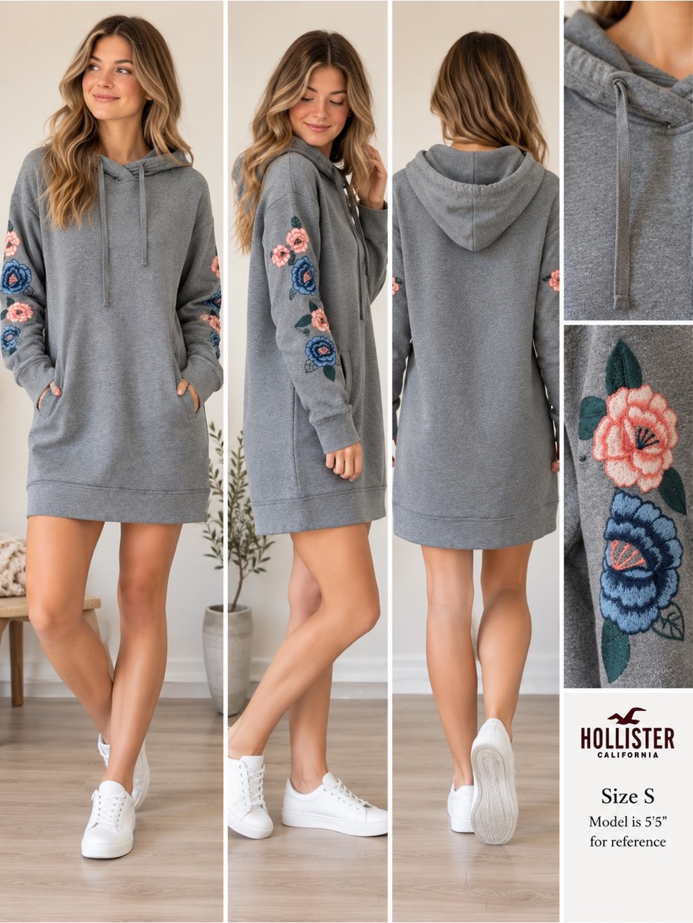 🌸 Hollister Gray Floral Embroidered Hoodie Sweatshirt Dress S 2–4